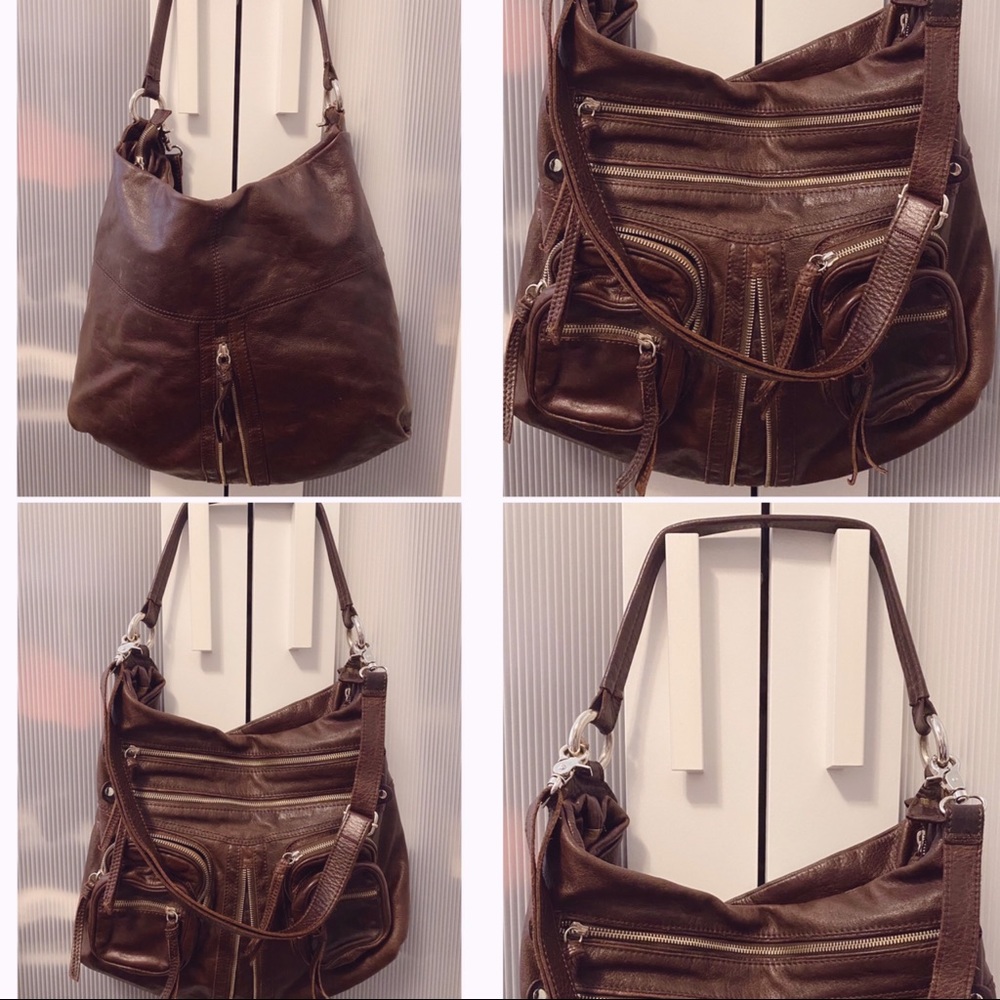 Tano Brown Genuine Leather Handbag Purse Hobo Bag Silver Hardware - Picture 3 of 8